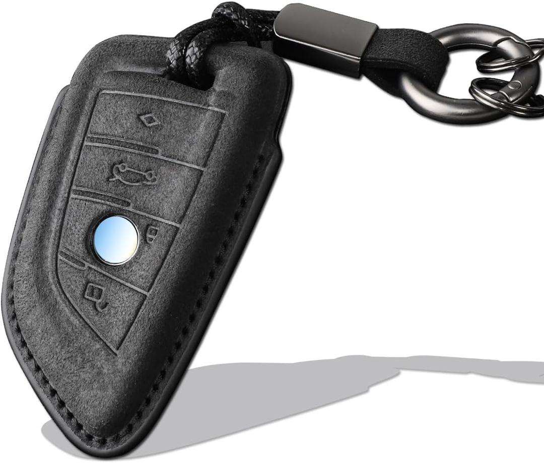 for BMW Key Fob Cover with Keychain Fit for BMW 3 5 6 7 X1 X2 X3 X5 X6 Series Smart Keys Case Protector suede (Black, Style A)
