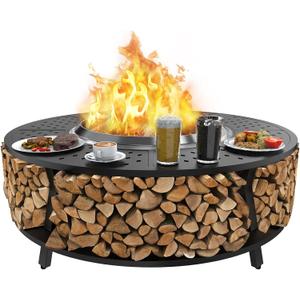 Uniflasy 48" Fire Pit Surround Tabletop for Solo Stove Yukon, Bonfire & Tiki, Portable Protective Barrier Equal Width Design with Firewood Storage Shelf for Safety & Extra Space, Outdoor FirePit Table