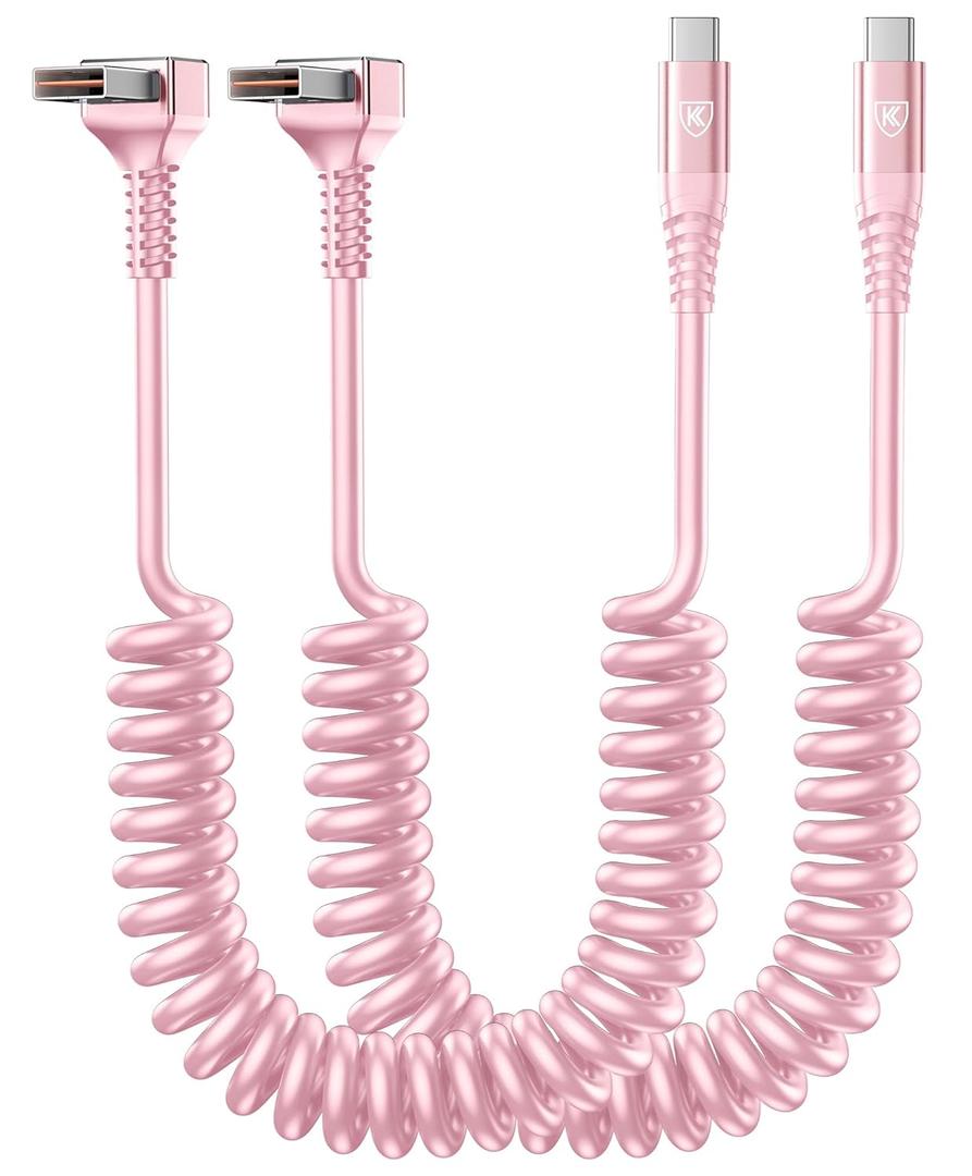 USB A to USB C Cable 90 Degree , 2Pack 3ft Coiled USB Type C Cable for Car, USB-C Fast Charging Cable Compatible with iPhone 17/16/15/Sam sung Galaxy S20 S10 S9 S8 Plus and More USB C Devices-Pink