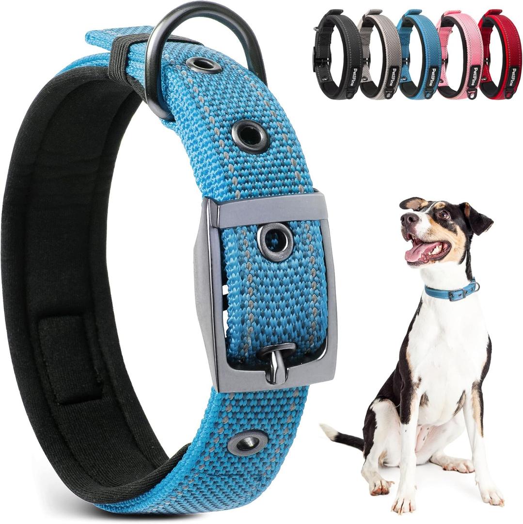 PetiFine Dog Collars for Medium Dogs, Neoprene Padded and Adjustable, Reflective Wide Heavy Duty Pet Collars with Durable Metal Belt Buckle for Walking, Blue, M