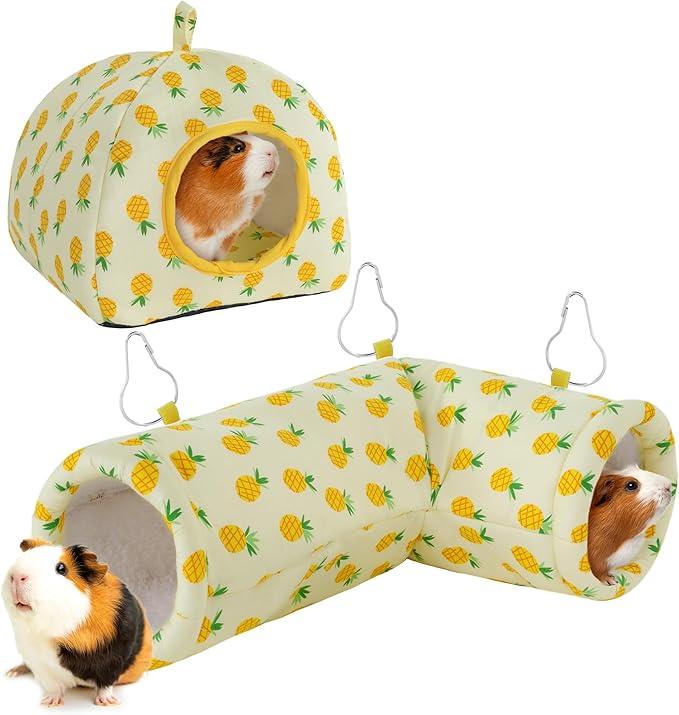 MABOZOO 2 Pack Guinea Pig Hideout, Corner Tunnel With Bed for Small Animals, Cozy House Accessories for Hamster, Rabbit, Bunny, Chinchillas (Large)