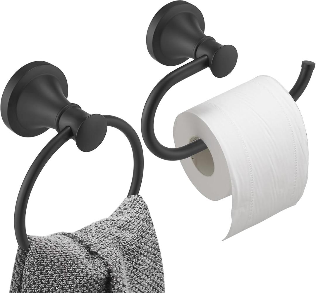 Hoimpro Matte Black Bathroom Bar Set, Wall Mounted Bathroom Hardware Fixture Tissue Roll Holder Towel Rack (Hand Towel Ring, Toilet Paper Holder), 2 PCS Bathroom Accessories, Stainless Steel