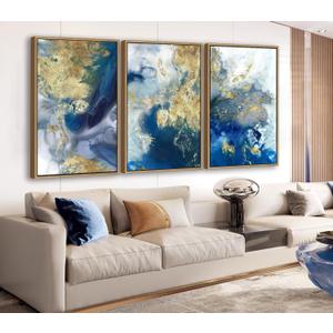 Large Abstract Framed Wall Art - Natural Float Framed Colorful Canvas Pictures Decor Blue Gold White Background Modern Artwork for Bedroom Living Room Kitchen Home Office Decoration 60" X 28" Set of 3
