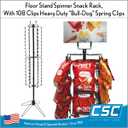 Clip Strip Free Standing Spinner Retail Display Rack Corp, 68.5" H,108 Total Clips, 4" Top Wire Sign Holder, 12 Rotating Rods each w/ 9 Heavy Duty Genuine Coil Spring Clips, 24" W Base, Black