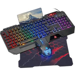 CHONCHOW Gaming Keyboard and Mouse Combo, USB Wired RGB Backlit Anti-Ghosting Silent Keyboard with Ergonomic Wrist Rest & Phone Holder, 7D 7200DPI Gaming Mouse for PC Gamer Xbox PS4 PS5 (RGB-Black)