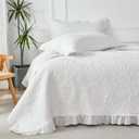 WINLIFE Bright White Ruffled Quilt Set 3pcs Queen 90''x98'' - Stone Washed Microfiber Crinkled Bedspread for All Season Farmhouse Style Lightweight Shabby Chic Coverlet Set with Pillow Shams
