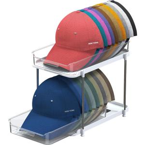 Gomyrod Hat Rack for Baseball Caps, 2-Tier Clear Hat Organizer for Closet Space Saving Hat Storage Holds up to 20 Caps, Pull-Out Cabinet Organiser with Track for Closet & Bedroom