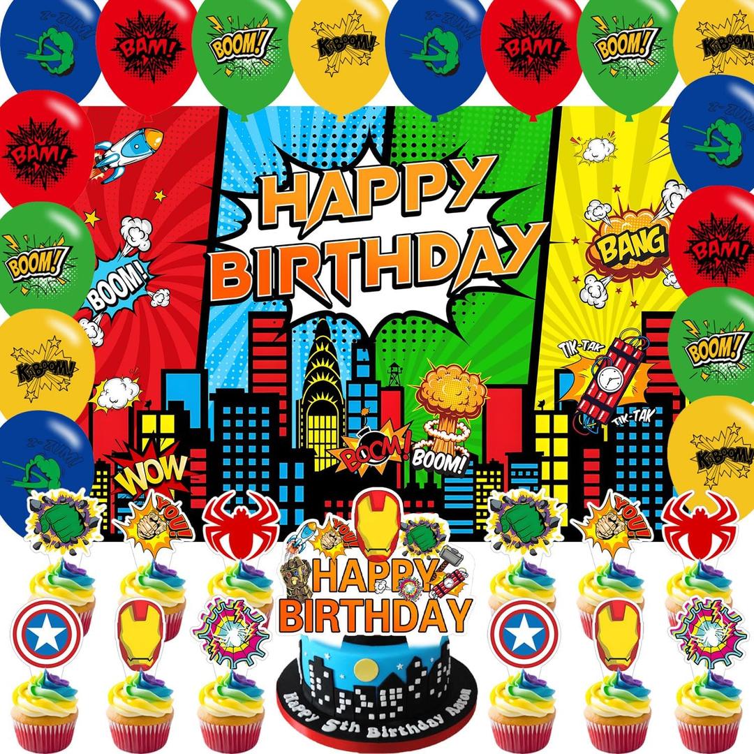 Super Theme Hero Birthday Party Supplies ,Super Theme Hero Party Decorations Includes Backdrop,Balloons,Cake Toppers,Cupcake Toppers for Hero Birthday Party Decorations