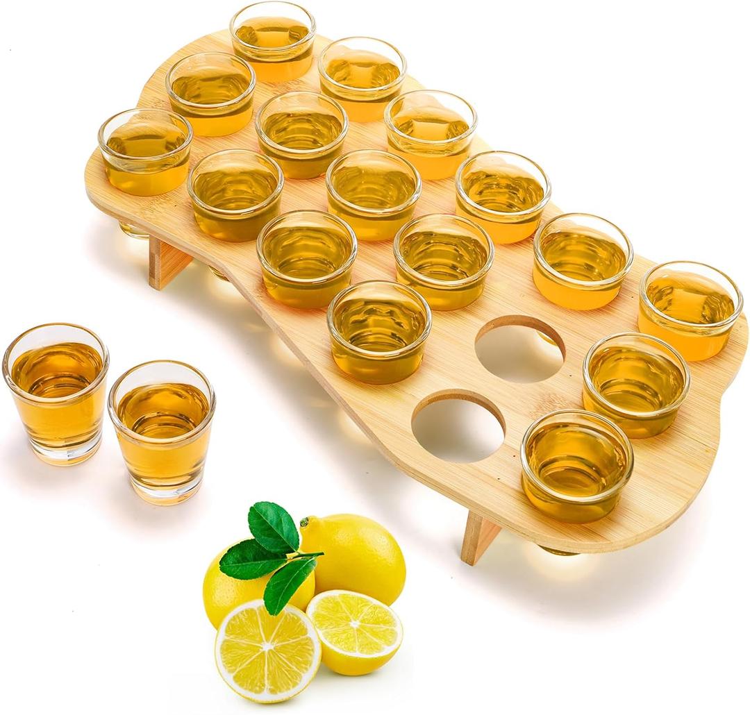 ZEAYEA Set of 18 Shot Glass Holder Set, 1.7 oz Shot Glasses with Bamboo Holder for Whiskey Liqueurs, Small Clear Glass Cups Thick Base with Serving Tray Organizer For Party Bar Club Restaurant
