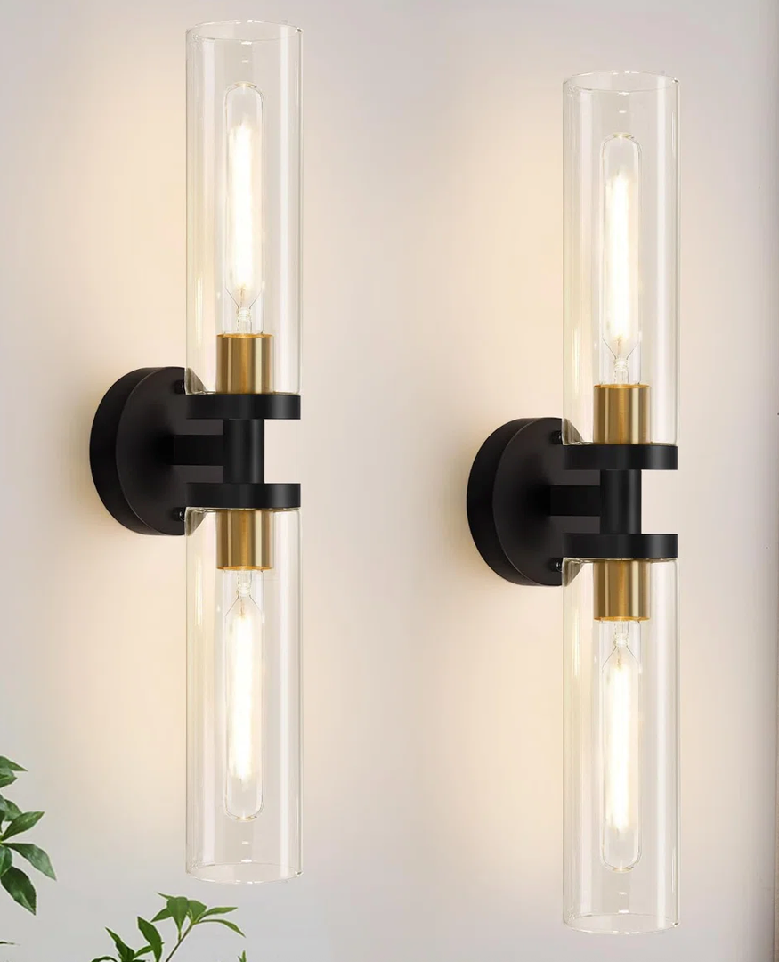 Black And Gold Bathroom Sconces Wall Lighting With Clear Glass, Modern Sconces Wall Decor Set Of 2 Wall Light Fixtures