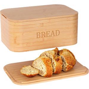 Bread Box for Kitchen Countertop,Curved Bamboo Bread Boxes with Cutting Board Lid,Wooden Bread Storage,Bread Container Airtight,Food Storage for Kitchen Counter (Natural)
