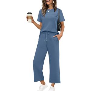 WIHOLL Two Piece Sets for Women Summer Fall Travel Vacation Outfits Short Sleeve Lounge Sets Side Slit Wide Leg Pants S-3XL (Blue, M)