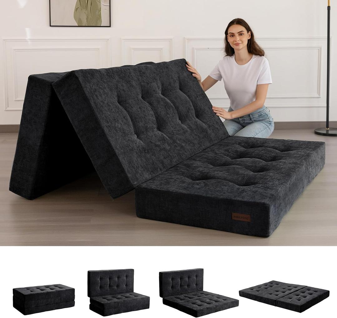 MAXYOYO Tri-Fold Mattress, 6 Inch Tufted Folding Mattress with Chenille Fabric, Portable Queen Size Floor Guest Mat for Adults, Foldable Topper for Camping, Black MAXYOYO Tri-Fold Mattress, 6 Inch Tufted Folding Mattress with Chenille Fabric, Portable Queen Size Floor Guest Mat for Adults, Foldable Topper for Camping, Black