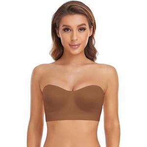 Lusait Strapless Bra for Women Non-Slip Silicone Padded Bandeau Bra Wireless Tube Top Bralette 2 packs size S Brown & Black
