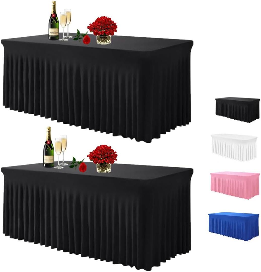 Albassa Table Skirts for Rectangle Tables 6ft, Spandex Table Covers for 6 Foot Tables, Wrinkle Resistant Ruffles Elastic Table Cloths for Banquets, Weddings, Parties (Black, 6ft 2Pack)
