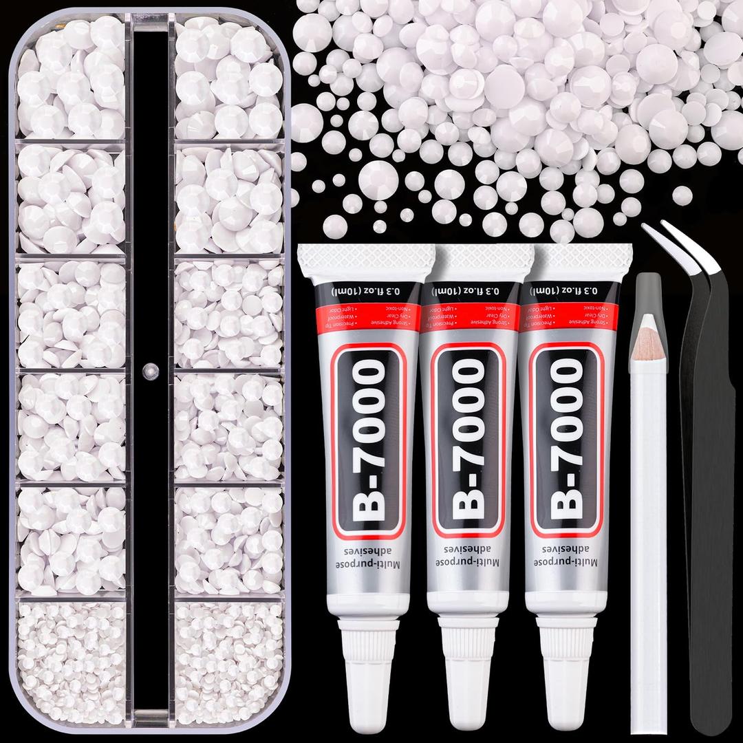 Resin Rhinestones for Crafting with B7000 Jewelry Glue, 1 Box White Flatback Crystals with 3Pcs 10ml Glue for Bedazzling Crafts DIY Nail Art MakeupNon Hotfix Gems for Clothing Shoes