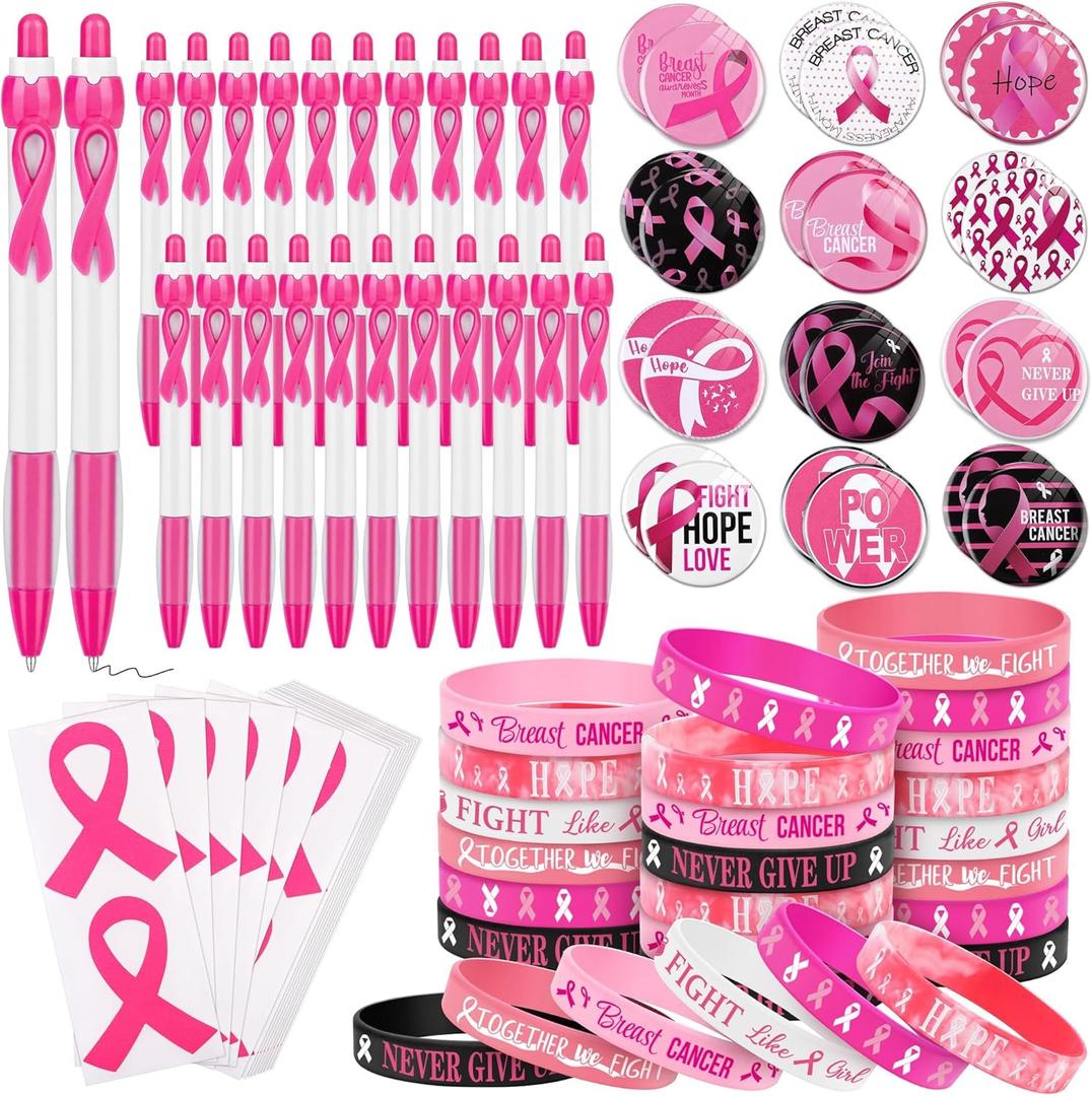 durony 96 Pieces Breast Cancer Awareness Gifts Set Include 24 Breast Cancer Awareness Bracelets 24 Pink Ribbon Pen 24 Breast Cancer Awareness Pins 24 Pink Ribbon Stickers for Women Charity Supplies