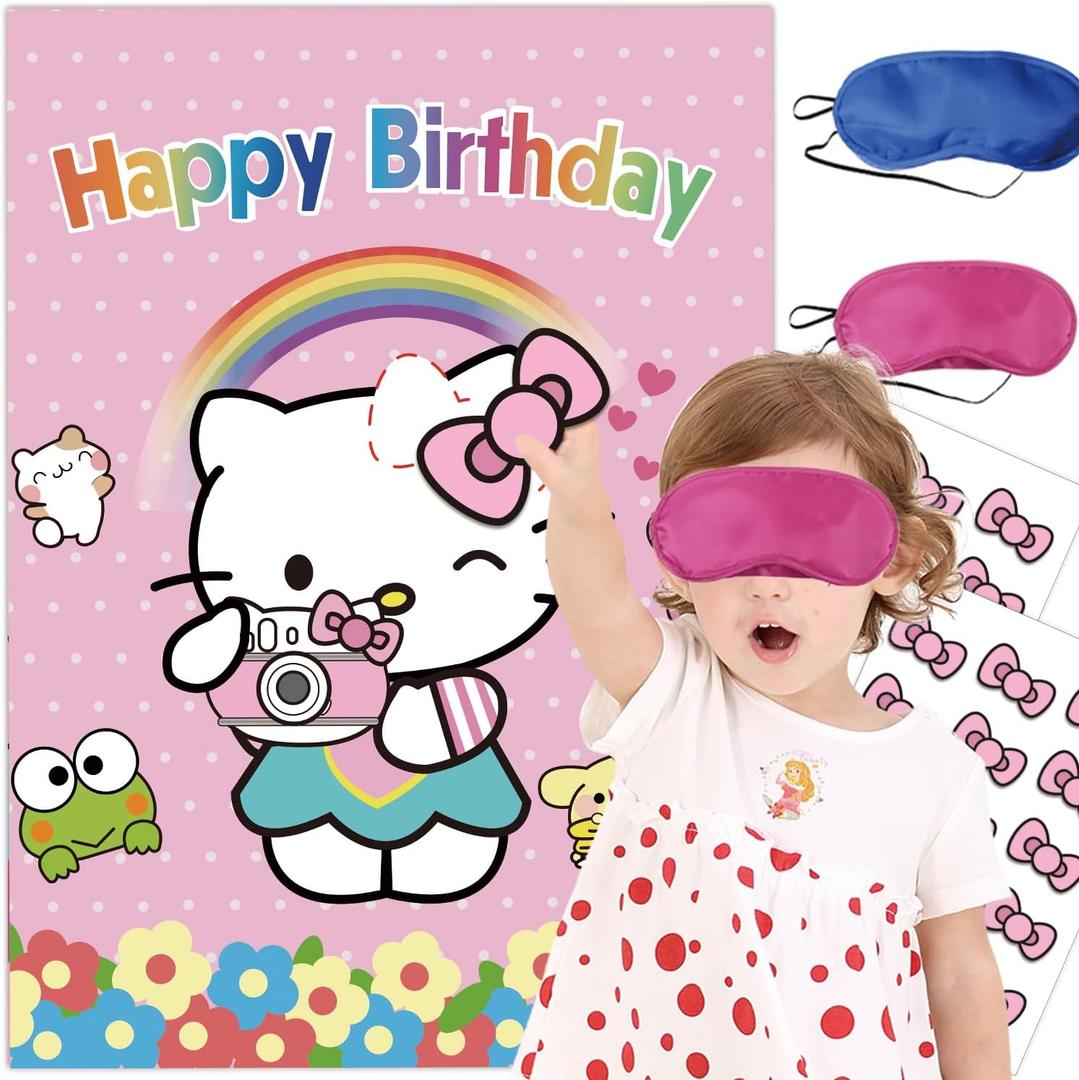 Birthday Decorations, Cute Pink Party Supplies Large Poster with 24 Pcs Bow Stickers, Pin The Bow Sticker on Cat, Cartoon Party Games for Girls Boys