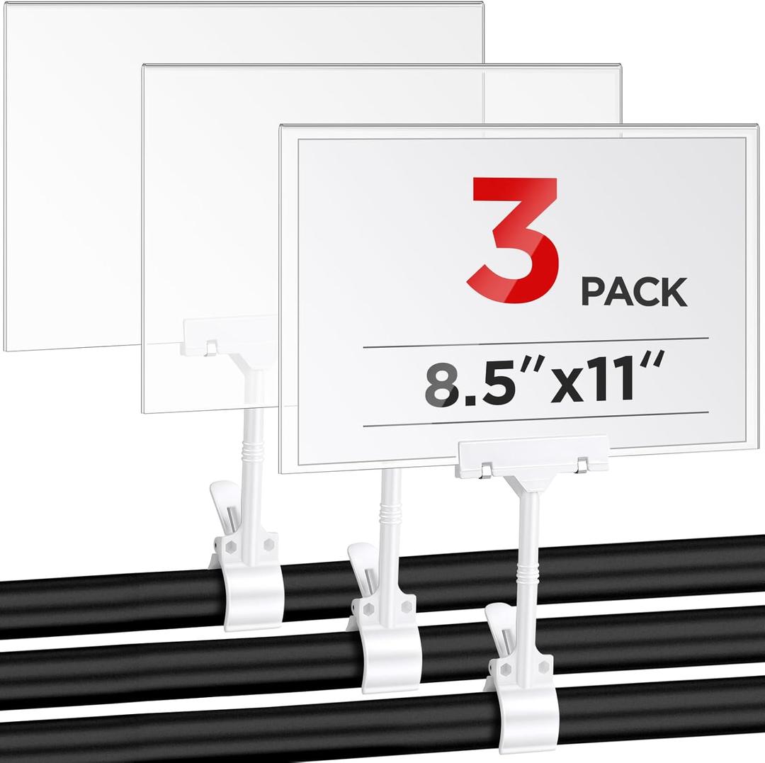 3 Pcs Acrylic Clip on Sign Holder with Clamp 8.5 x 11 Inch Retail Store Signs Displays Double Sides Swivel Signage with PVC Card Clothing Price Hanging Signage for Supermarket Business