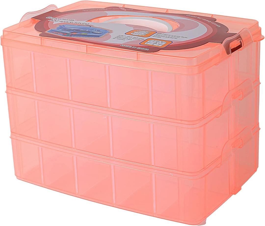 Sooyee Craft Storage Organizer,Sewing Box,3-Tier Plastic Organizer Box with Dividers, Storage Containers for Organizing Art Supplies, Fuse Beads,Washi Tape, Jewelry,Tool,Toy,Orange