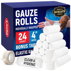 Gauze Rolls - 24 Pack - 4" x 4.1yd Breathable Rolled Gauze - Individually Wrapped with Bonus Tape - First Aid Conforming Stretch Wrap for Wounds - Mummy Wrap