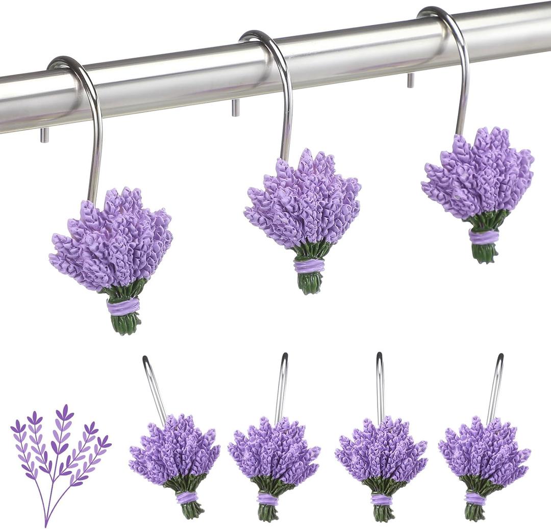 Amyhill 12 Pcs Lavender Decorative Shower Curtain Hooks Purple Lavender Shower Curtain Rings Hanger Stainless Steel Resin Spring Floral Themed Hooks for Home Bathroom Decor