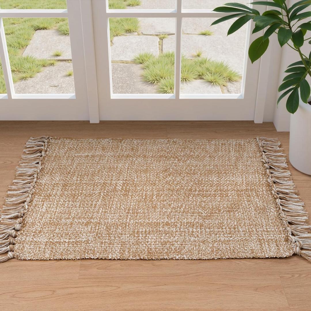 Collive Washable Area Rug 3' x 5', Modern Farmhouse Woven Kitchen Rugs, Tan/Cream Indoor Outddor Mat Braided Throw Carpet for Entryway Bedroom Nursery Laundry Living Room