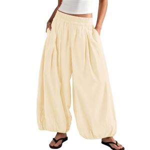 ReachMe Womens High Waist Barrel Pants Wide Leg Lantern Pants with Pockets Casual Baggy Trousers Beach Vacation Outfits(Apricot Yellow,L)