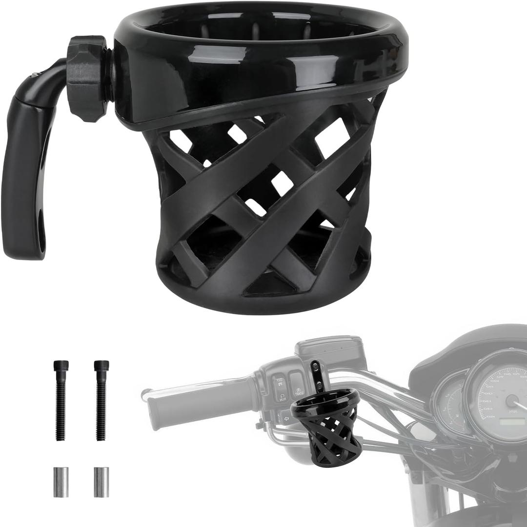 DREAMIZER Motorcycle Handlebar Drink Cup Holder Mount Water Bottle Holder with Mesh Basket Compatible with Harley Touring Road Glide Street Electra Glide Softail XL883 1200 1996-up, Black