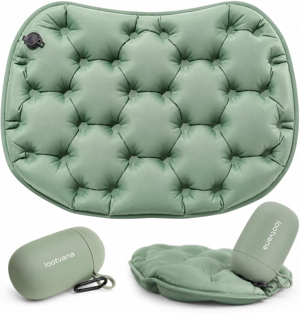 Inflatable Seat Cushion All-in-One Design Built-in Silicone Air Pump & Hanging Clip Cup Portable Travel Cushion for Camping, Hiking, Outdoor Use (Green) (4.5 inches x 2.5 inches)