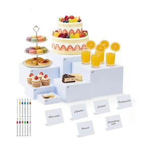 Nestable Buffet Risers - 6 Pcs White Acrylic Food Risers with Signs & Markers – Sturdy Dessert Table Display Stands for Parties, Catering, Jewelry & Collectibles (Easy-Store Stackable Cubes: 8", 7", 6", 5", 4", 3")