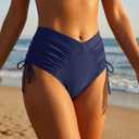 Leoparts Womens V Cut Bikini Bottoms Ruched Tummy Control Bathing Suit Bottom High Cut Drawstring Swimsuit Brief (Blue, M)