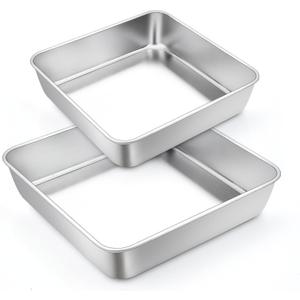 TeamFar Square Cake Pan, Stainless Steel 6 & 8 Inch Square Baking Pan for Brownie Lasagna, Non-Toxic & Heavy Duty, One Piece Design & Smooth, Dishwasher Safe - Set of 2
