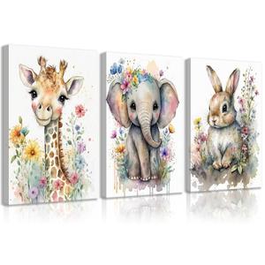 3Pcs Safari Animal Nursery Canvas Wall Art Watercolor Baby Animals with Wildflowers Picture Posters Wall Decor Cute Giraffe Elephant Rabbit Painting Print Artwork for Kids Children Room Decor 16x24in