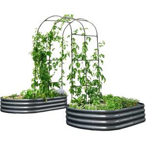 KING BIRD Raised Garden Bed with Arched Trellis Galvanized Planter Garden Box Outdoor for Gardening, Climbing Vegetables, Flowers 5.9x2.95x0.98 Ft 2PCS, Dark Grey