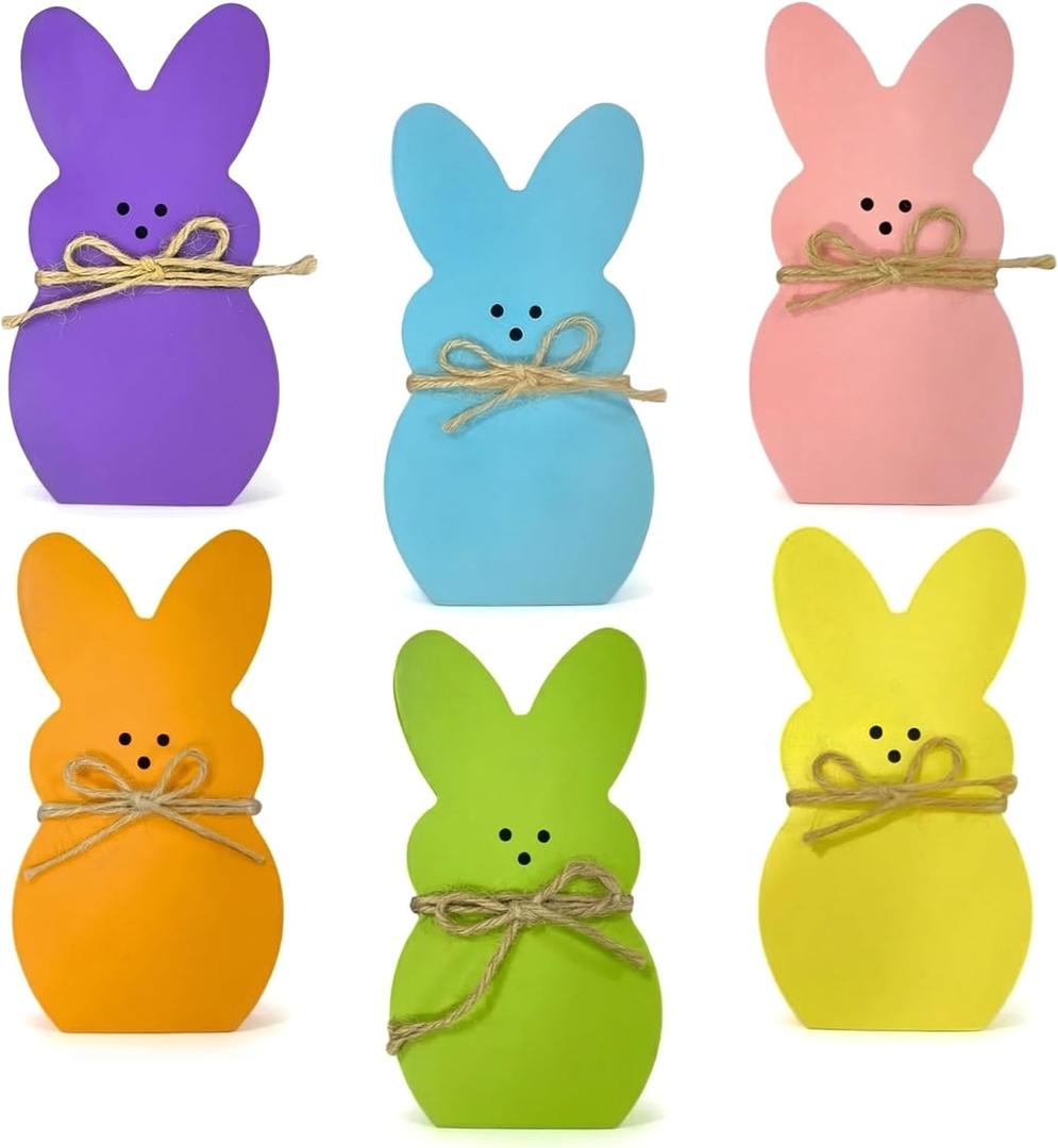 Easter Bunny Decorations,6 Pcs Big Size Pre-Tied Easter Wooden Bunnies Dcor 5.9" x 3.2" Spring Rabbit Peeps Bunny Decor for Home Table Office Tray Easter Basket Gifts Stuff Party Supplies
