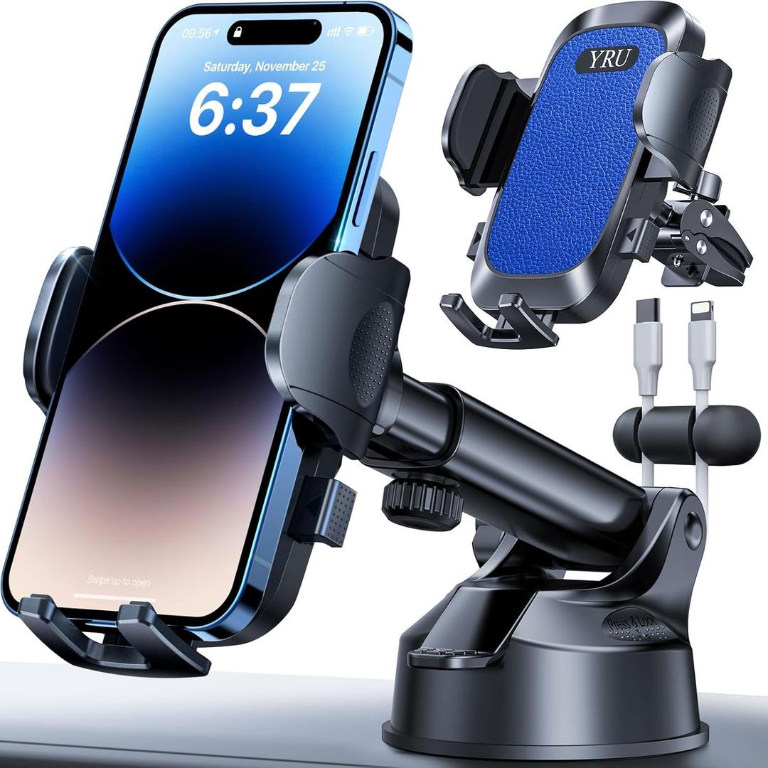 [2025 Upgrade 80LB+ Strong Suction]YRU Car Phone Holder Mount,[Bumpy Road Stable]Dashboard Cell Phone Holder for Car Air Vent Windshield Phone Stand for iPhone 16 15 14 13 Pro Max Samsung Truck, Blue