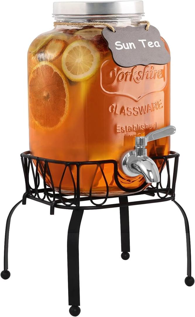 1 Gallon Beverage Dispenser with Stand, 18/8 Stainless Steel Spigot - Airtight & Leakproof Glass Sun Tea Jar with Anti-Rust Lids, Drink Dispensers for Parties - Laundry Detergent Dispenser