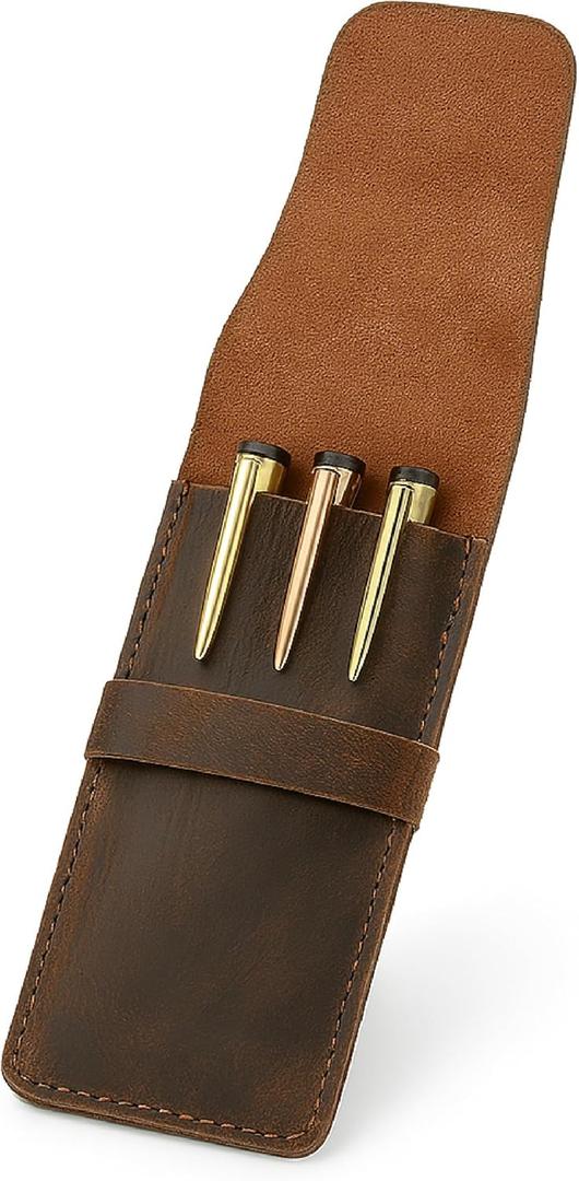 TheAntiq Leather Pen Case, Pen Protector for Fountain Pens, Pen Holder, Pencil Case, Handmade 2,3 Pen Pouch Genuine Leather (Brown, 3 Pen)
