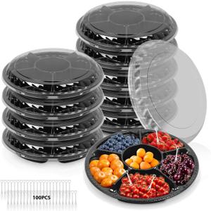 10PCS Round Appetizer Serving Tray with Lid, 6-Divided Plastic Food Storage Containers with 100 Forks, Disposable Fruit Platter Suitable for Catering, Party and Buffet