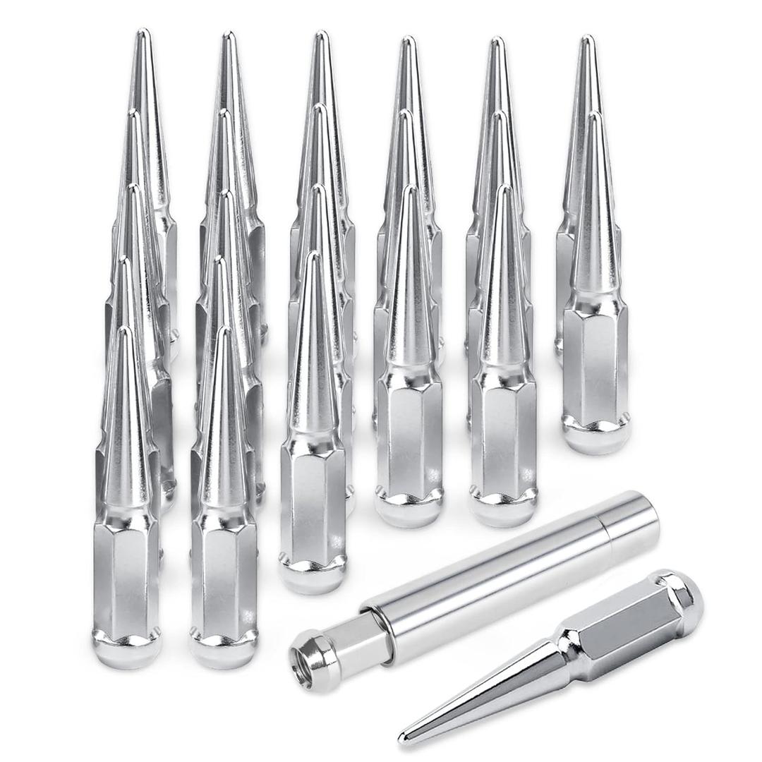 14x1.5 Spike Wheel Lug Nuts, 24pcs M14x1.5 Closed End Spike Lug Nut for Silverado 1500 Sierra 1500 F150, Chrome Conical Bulge Seat with 1 Socket Key