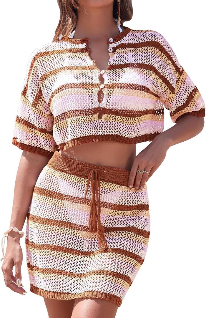 HUUSA Women's 2 Piece Crochet Swimsuit Cover Ups 2025 Hollow Out Bathing Suit Coverup Beach Outfits Crop Top and Skirt Sets (Large)