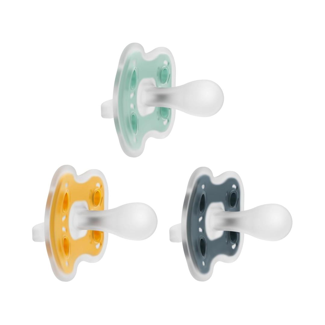 Dr. Brown's Advantage One-Piece Silicone Baby Pacifier, Fully Symmetrical Soother, Dark Gray/Green/Yellow, 6-18m, BPA Free, 3 Pack