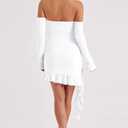 GOKATOSAU Women's Off The Shoulder Long Sleeve 3D Flower Ruffle Hem Bodycon Party Mini Dress White (Small, White)