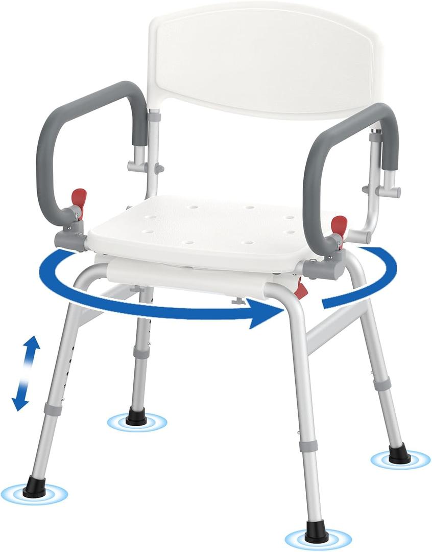 360Swivel Shower Chair for Elderly & Disabled, 500lbs Capacity Shower Seat with Arm and Back, Height Adjustable Safety Bath Seat for Inside Shower, Shower Seat for Bathtub