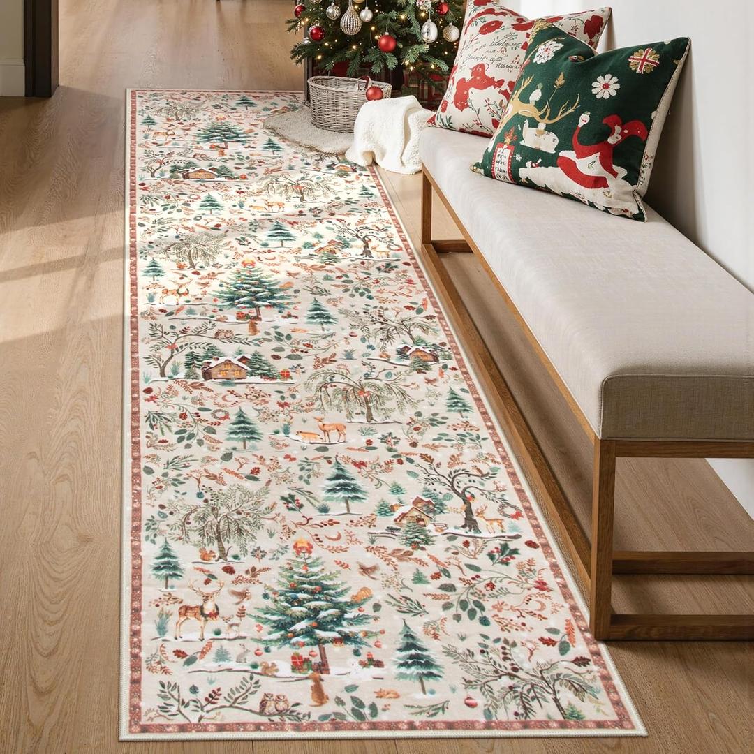 Lahome Christmas Hallway Runner Rug 2x8, Non Slip Soft Long Kitchen Carpet Runner, Washable Low Pile Xmas Tree Carpet Runner for Entryway Bathroom Holiday Winter Decor, Beige