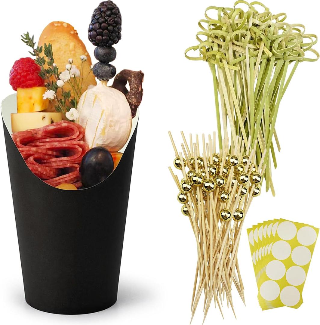 CAMKYDE 50 Charcuterie Cups + 200 Cocktail Picks + 56 Labels, 12 oz Disposable Charcuterie Cups with Sticks (2 Types), French Fry Cups Brown Paper Appetizer Cups for all OccasionsBlack
