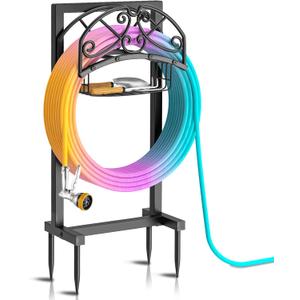Garden Hose Holder, Freestanding Water Hose Holder with Storage Basket, Heavy Duty Metal Hose Stand Sturdy Hose Hanger, Detachable Hose Storage Rack for Outside Yard Lawn