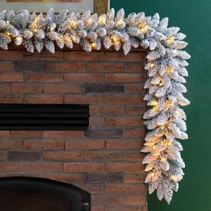 Glitzhome 2PCS Pre-Lit Snow Flocked Christmas Garlands with Warm White LED Lights and Timer for Home Fireplace Office Windows Front Door Wall Christmas Tree - 9 ft