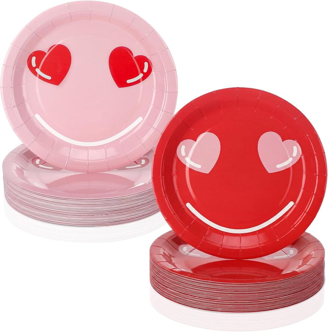 Yungyan 60 Pcs 9 Inch Valentine's Day Paper Plates Heart Eyes Disposable Pink and Red Round Dinner Plates Pink Party Tableware for Valentines Galentines Anniversary Wedding Party Supplies